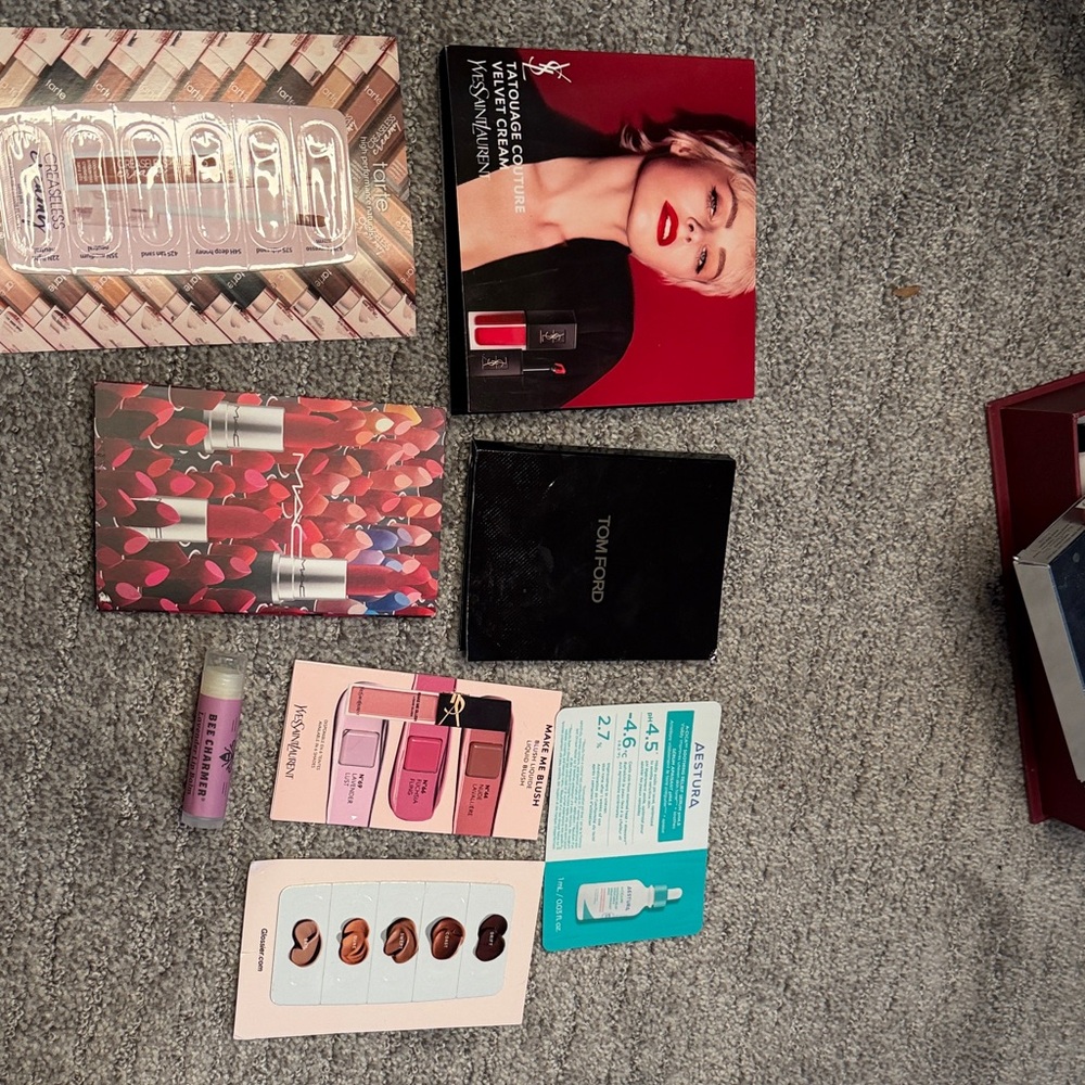 Sample set including lip products, serum, foundation, concealer, and lip balm